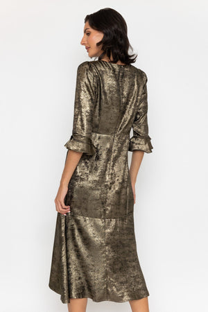 Carraig Donn Gold Foil Ruffle Sleeve Dress
