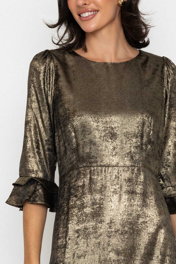 Carraig Donn Gold Foil Ruffle Sleeve Dress