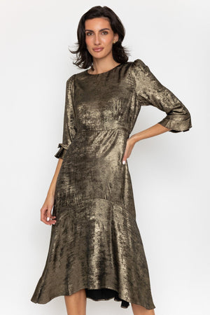 Carraig Donn Gold Foil Ruffle Sleeve Dress