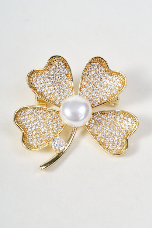 Gold Four Leaf Clover Pearl Brooch