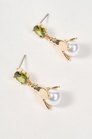 Carraig Donn Gold Green Gemstone & Faux Pearl Drop Earrings