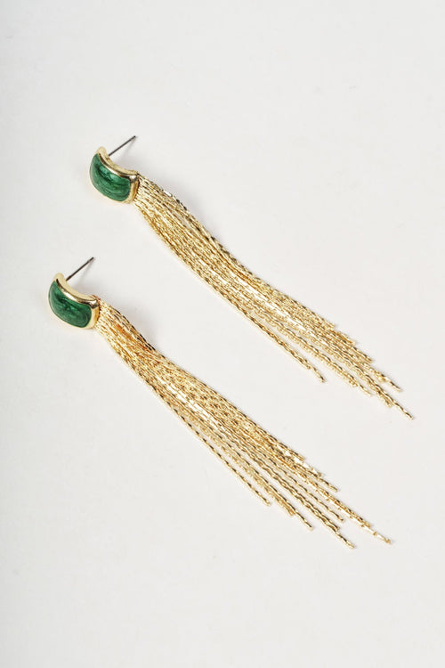 Gold & Green Stone Fringe Drop Earrings