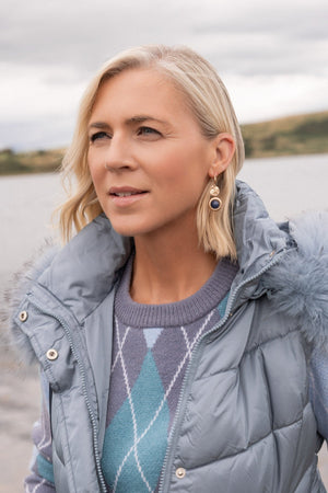 Carraig Donn Gold Hammered Effect Disc & Blue Stone Drop Earrings
