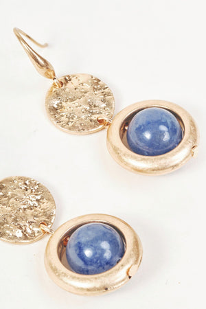 Carraig Donn Gold Hammered Effect Disc & Blue Stone Drop Earrings