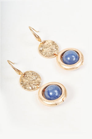 Carraig Donn Gold Hammered Effect Disc & Blue Stone Drop Earrings