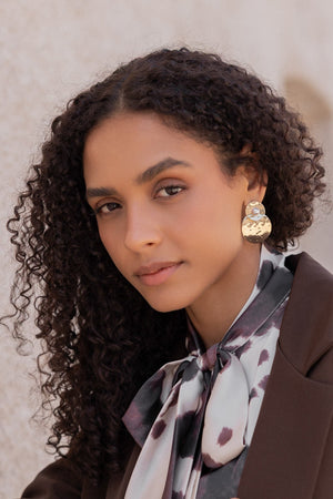 Carraig Donn Gold Hammered Metal Faux Pearl Double Disc Earrings