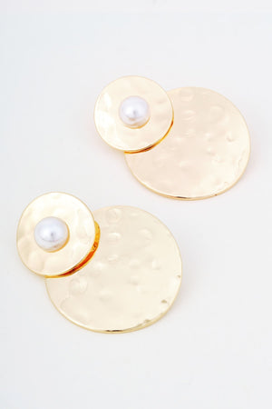 Carraig Donn Gold Hammered Metal Faux Pearl Double Disc Earrings