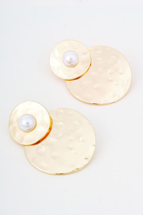Carraig Donn Gold Hammered Metal Faux Pearl Double Disc Earrings