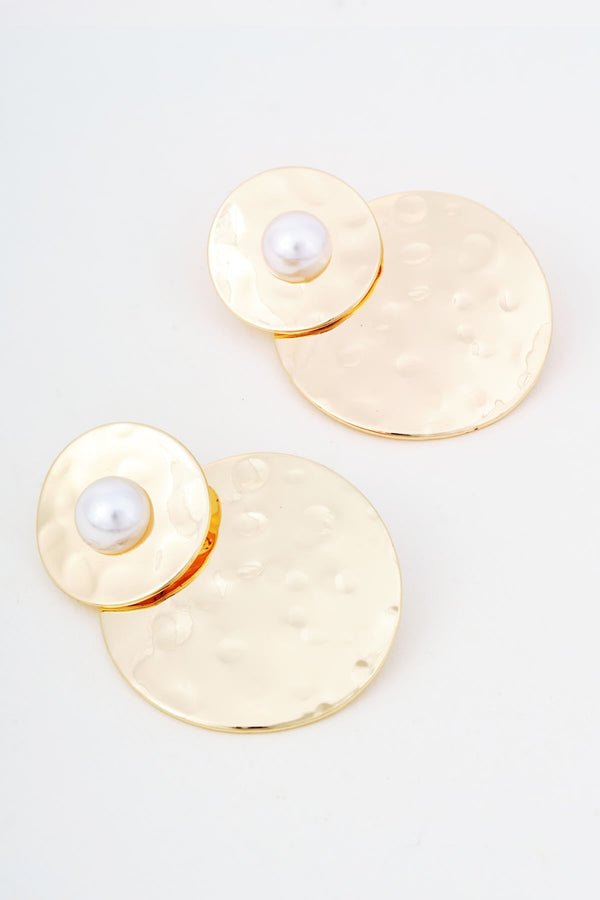 Carraig Donn Gold Hammered Metal Faux Pearl Double Disc Earrings