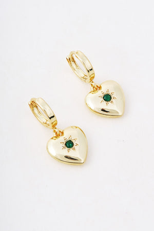 Carraig Donn Gold Heart Green Stone Starburst Drop Hoop Earrings