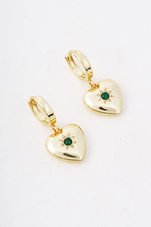 Gold Heart Green Stone Starburst Drop Hoop Earrings