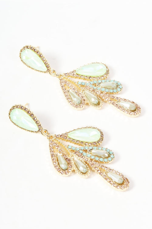 Gold & Iridescent Green Teardrop Drop Earrings