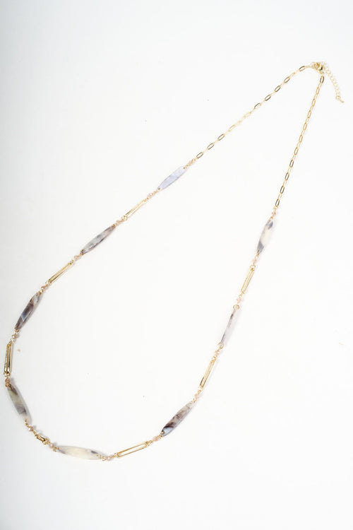 Gold Link & Beige Long Bar Beaded Necklace