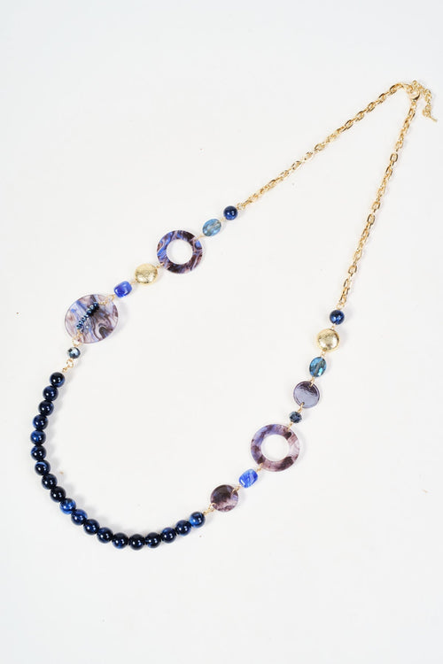 Gold Link & Blue Mixed Stone Beaded Long Necklace