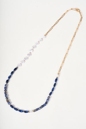 Carraig Donn Gold Link Blue Stone & Faux Pearl Beaded Long Necklace