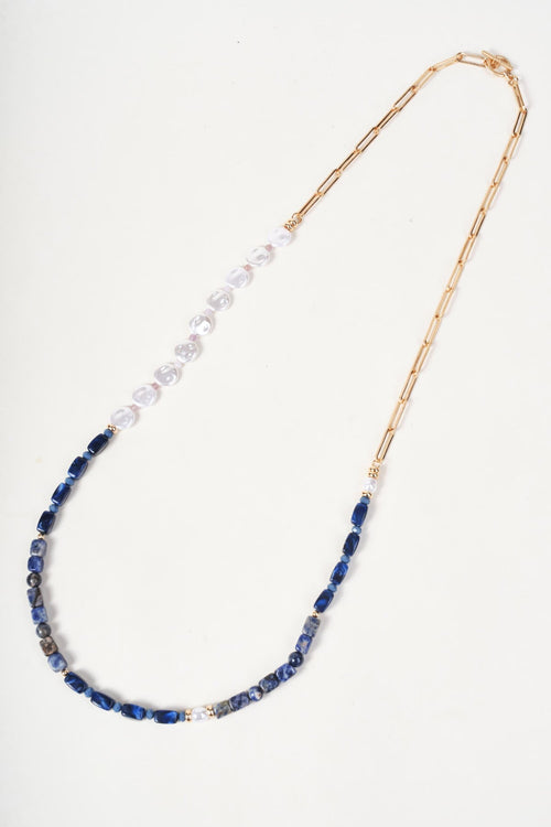 Gold Link Blue Stone & Faux Pearl Beaded Long Necklace
