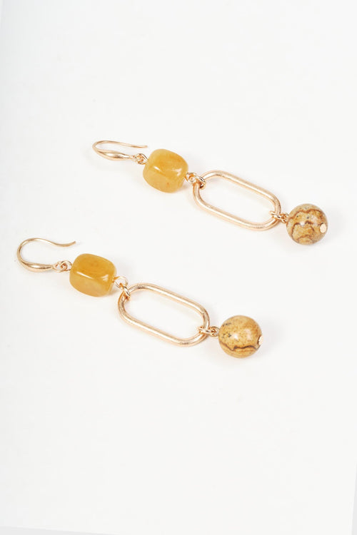 Gold Link & Brown Stone Drop Earrings