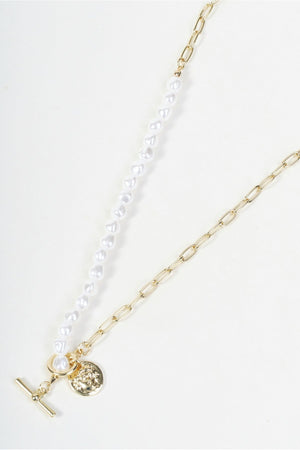 Carraig Donn Gold Link & Faux Pearl Beaded T-Bar Necklace
