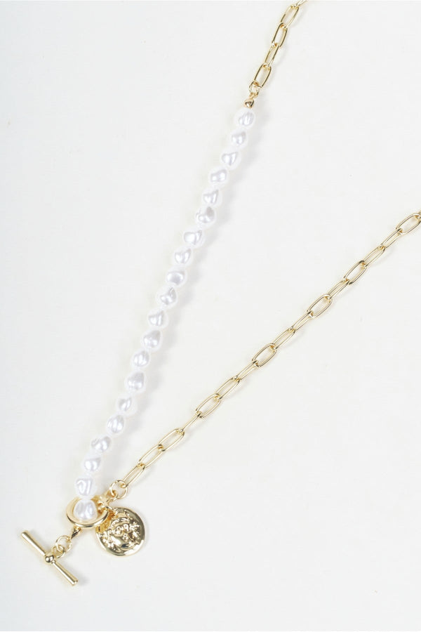 Carraig Donn Gold Link & Faux Pearl Beaded T-Bar Necklace
