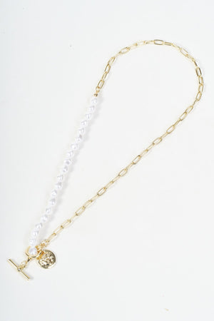 Carraig Donn Gold Link & Faux Pearl Beaded T-Bar Necklace