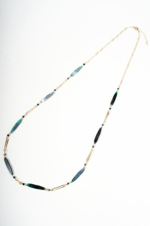 Gold Link & Green Long Bar Beaded Necklace