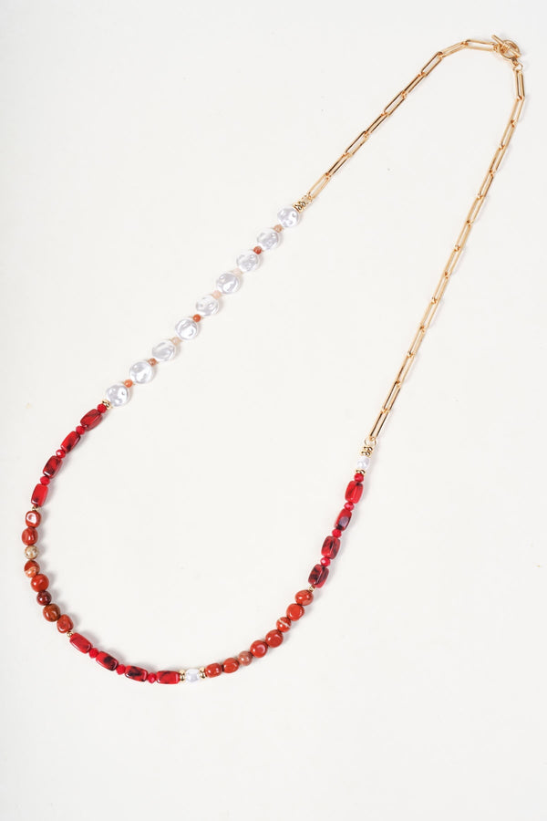Carraig Donn Gold Link Red Stone & Faux Pearl Beaded Long Necklace