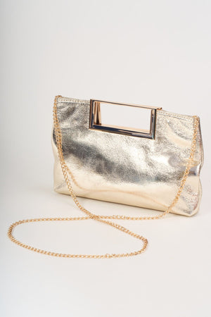 Carraig Donn Gold Metallic Faux Leather Frame Handle Rectangle Clutch Bag