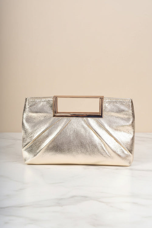 Gold Metallic Faux Leather Frame Handle Rectangle Clutch Bag