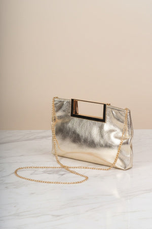 Carraig Donn Gold Metallic Faux Leather Frame Handle Rectangle Clutch Bag