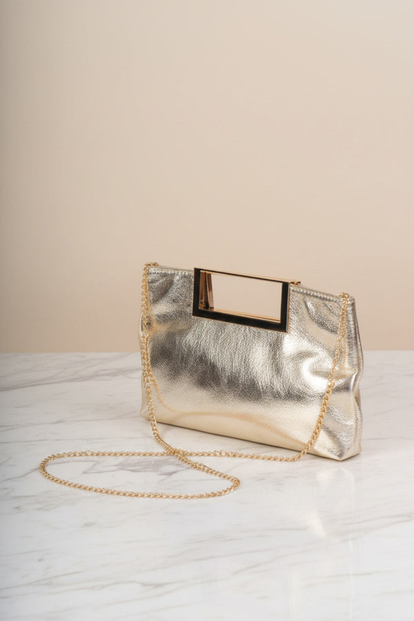 Carraig Donn Gold Metallic Faux Leather Frame Handle Rectangle Clutch Bag
