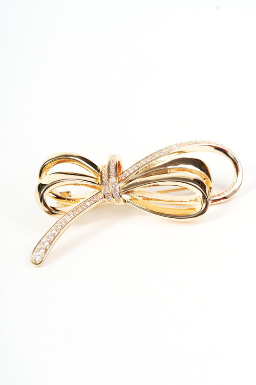 Gold Multi Ribbon Clear Diamante Detail Bow Brooch
