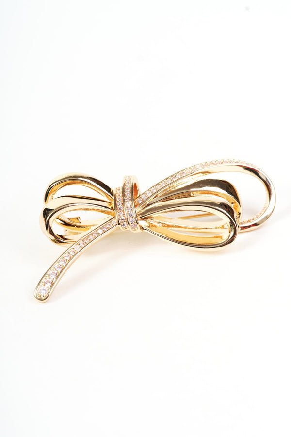 Carraig Donn Gold Multi Ribbon Clear Diamante Detail Bow Brooch