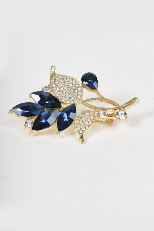 Gold Navy & Clear Gemstone Leaf Brooch