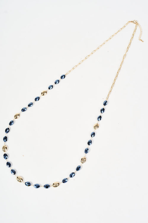 Gold & Navy Oval Beaded Long Chain Necklace