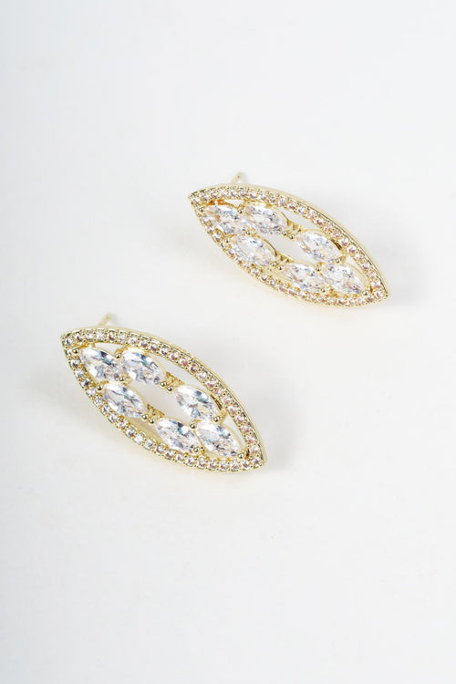 Gold Oval Clear Rhinestone Stud Earrings