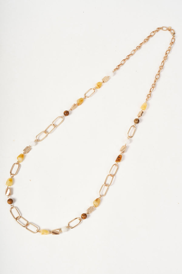 Carraig Donn Gold Paperclip Link & Brown Stone Beaded Long Necklace