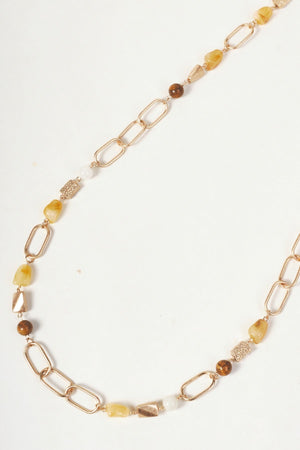 Carraig Donn Gold Paperclip Link & Brown Stone Beaded Long Necklace