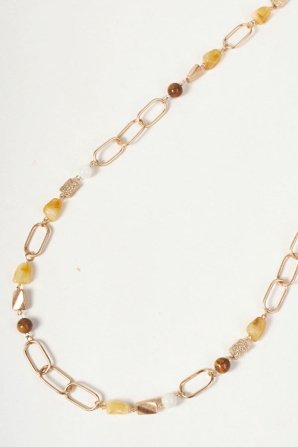 Carraig Donn Gold Paperclip Link & Brown Stone Beaded Long Necklace