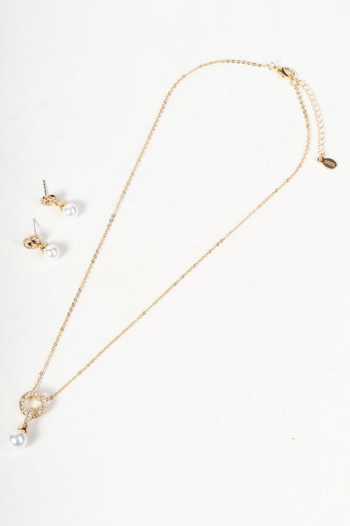 Gold Pearl Round Drop & Micro Pavé Ring Pendant Necklace & Earring Set