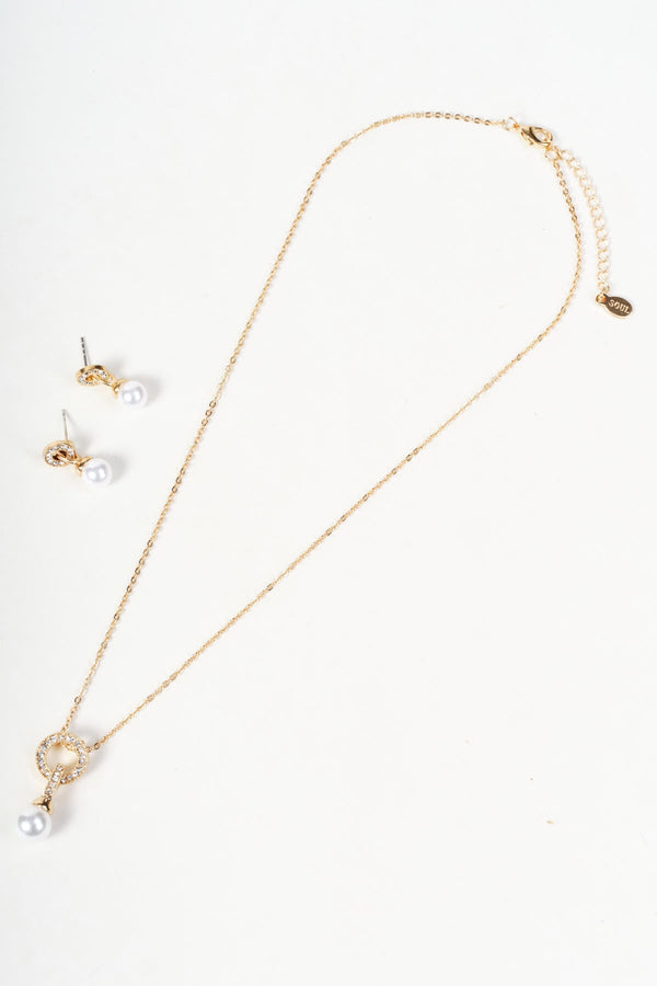 Carraig Donn Gold Pearl Round Drop & Micro Pavé Ring Pendant Necklace & Earring Set