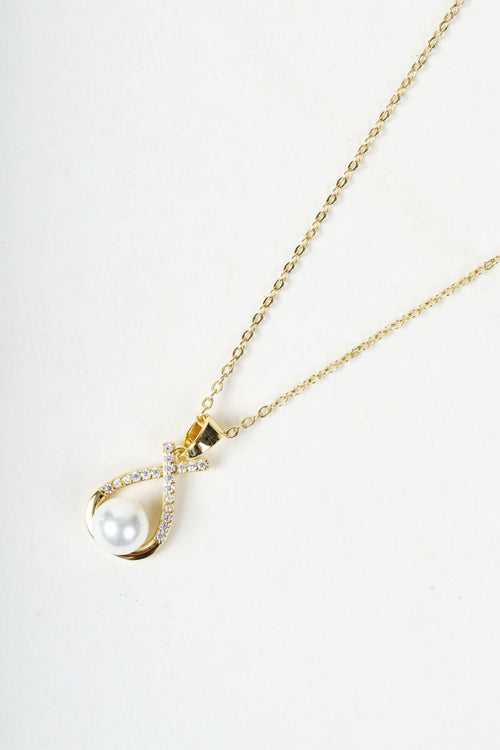Gold & Pearl Teardrop Cross Diamante Pendant Necklace