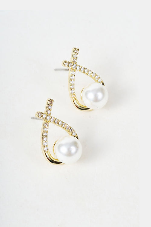 Gold & Pearl Teardrop Cross Diamante Stud Earrings