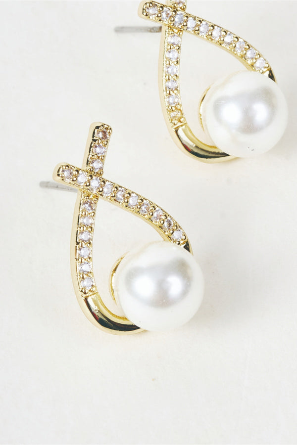 Carraig Donn Gold & Pearl Teardrop Cross Diamante Stud Earrings