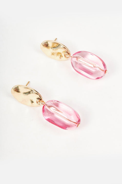 Gold & Pink Oval Stone Drop Earrings