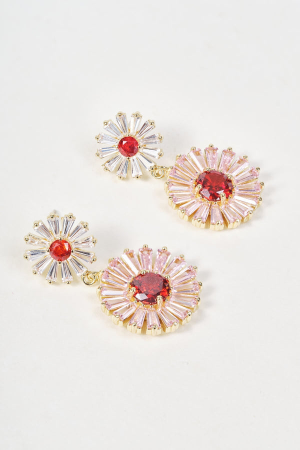 Carraig Donn Gold & Pink Stone Daisy Flower Drop Earrings
