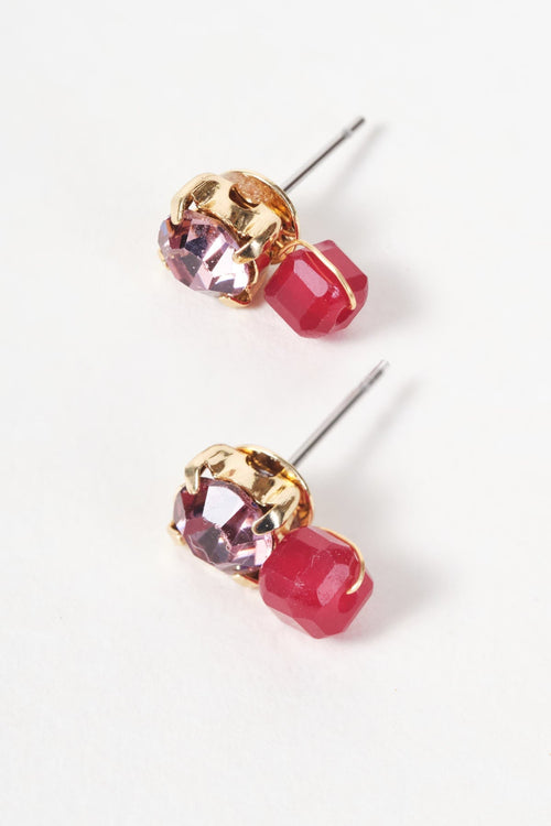 Gold Pink Stone & Red Beaded Stud Earrings