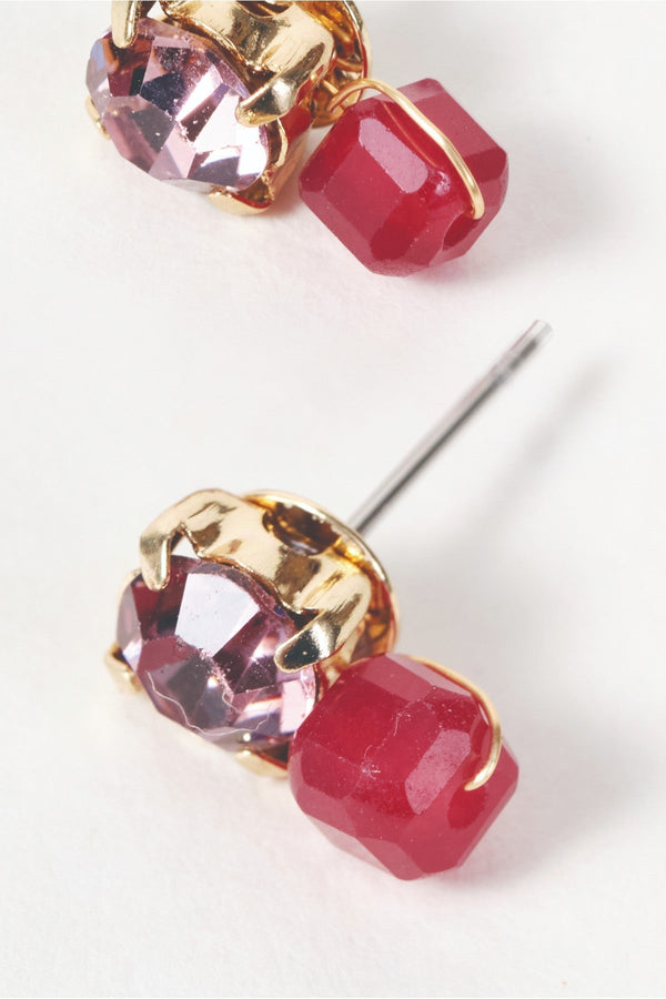 Carraig Donn Gold Pink Stone & Red Beaded Stud Earrings