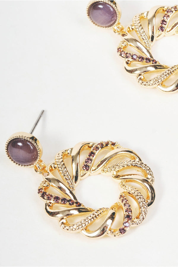 Carraig Donn Gold & Purple Diamante Swirl Drop Earrings