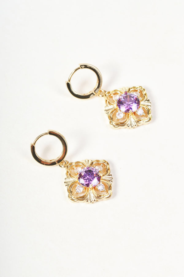 Carraig Donn Gold Purple Gemstone Diamond Shaped Drop Hoop Earrings