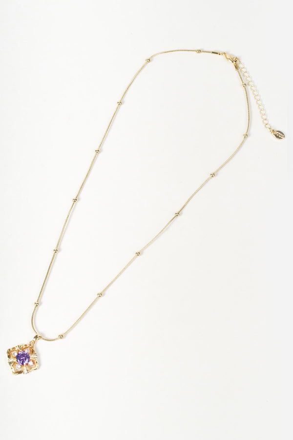 Carraig Donn Gold Purple Gemstone Diamond Shaped Pendant Ball Chain Necklace